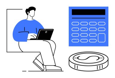 Hesap makinesi ve madeni paranın yanında, finansal yönetimi temsil eden bir birey. Bütçe, finans uygulamaları, tasarruf ipuçları, yatırımlar, muhasebe, eğitim için ideal