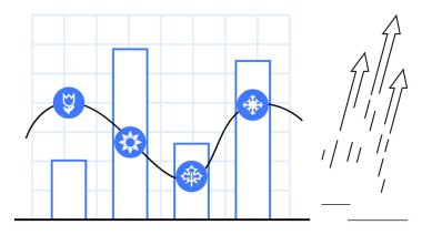 Veri dalgalanmalarını ve büyüme eğilimli okları temsil eden mevsimsel simgelerle basit bar tablosu. Veri analizi, bilim, büyüme, araştırma, iklim eğilimleri, iş değerlendirmesi, basit daire