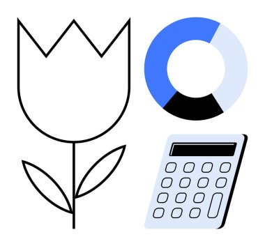 Pasta grafiği ve hesap makinesi olan çizgi sanat çiçekleri büyüme, analiz ve yönetimi vurguluyor. İş stratejisi, sürdürülebilirlik, veri bilimi, eğitim, finans, ekoloji için ideal