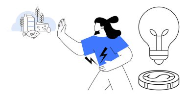 Süt, balık ve peyniri reddeden bir kadın gömleğinde, sikkesinde ve parlayan ampulünde enerji yıldırımı çiziyordu. Sürdürülebilirlik için ideal, vejetaryen yaşam tarzı, yenilenebilir enerji