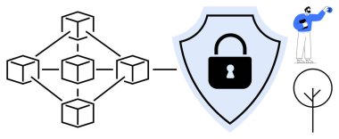 Birbirine bağlı engelleme zincirini temsil eden bloklar, siber güvenlik kalkanı, veri analiz eden kullanıcı ve eko-bilinci sembolize eden ağaç. Engelleme zinciri, veri güvenliği ve şifreleme için ideal
