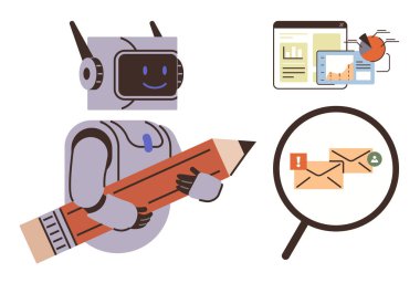 Otomasyon ve yaratıcılığı temsil eden robot, analitik gösterge paneli, e-posta bildirimleri, araştırmayı vurgulayan büyüteç. AI, teknoloji, iş akışı, pazarlama ve verimlilik için ideal