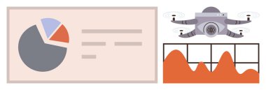 Üzerinde pasta grafiği, çubuk grafik ve kuadkopter olan veri görselleştirmesi. Teknoloji, yenilik, analitik, araştırma, gözlem ve otomasyon için ideal. Basit düz metafor