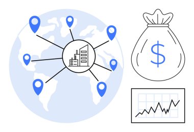 Merkezi bir iş merkezine bağlanan yer işaretleri olan bir dünya haritası, karı simgeleyen bir dolar çantası ve finansal büyümeyi temsil eden bir tablo. Küresel ticaret, ekonomi, finans ve yatırım için ideal