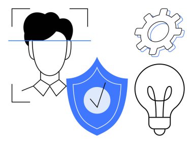 Yüz taraması mavi tarama çubuğu, işaretli mavi kalkan, mekanizmalar için dişli ve fikirleri sembolize eden ampul ile özetlenmiştir. Yapay zeka, teknoloji, güvenlik, yenilik, gizlilik süreci için ideal