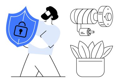 Kalkanı kilitli tutan kişi güvenliği önemser. Yanında bir güvenlik kamerası ve saksı bitkisi var. Siber güvenlik, veri koruması, güvenlik, çevre bilinci, izleme, denge, basit