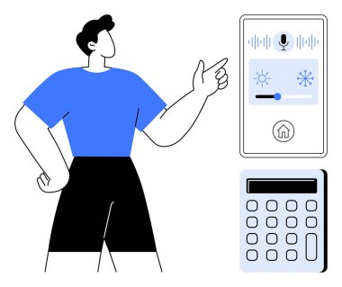 Bireysel etkileşim akıllı ev ses arayüzü ve hesap makinesi, teknoloji, otomasyon, hesaplamalar, enerji verimliliği, modern yaşam, ev optimizasyonu öneriyor. Akıllı ev için ideal, IOT