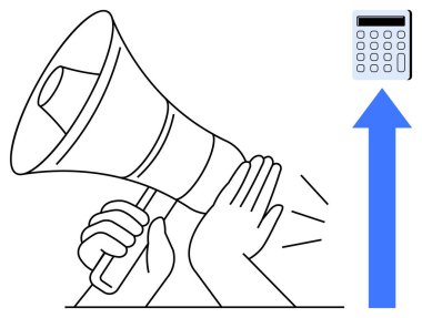 Mesajı yaymak için elleri megafonda, finansal başarı için mavi ok hesap makinesini işaret ediyor. Pazarlama, finans, analitik, iletişim, büyüme, strateji verimliliği için idealdir. Basit.