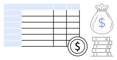 Hesap tablosu, yanında bir dolarlık para çantası, bozuk para ve istiflenmiş para. Bütçe, muhasebe, gelir, gider yönetimi, finansal planlama yatırım tasarrufları için idealdir. Basit bir daire.