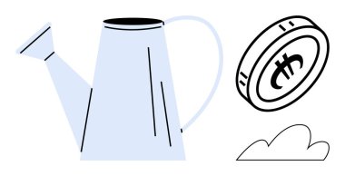 Metal sulama kutusu, bitcoin madeni para ve finansal büyümeyi vurgulayan küçük bir bulut, dijital yatırım, kripto para birikimi, yönetim stratejileri, fintech geliştirme, zenginlik planlaması, modern