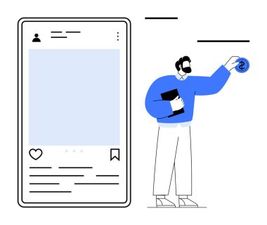 Sosyal medya paylaşımı ile meşgul olan bir adam rapor tutuyor, dolar simgesi koyuyor. Sosyal medya pazarlama, içerik stratejisi, izleyici katılımları, çevrimiçi iş, dijital reklamlar, nüfuz edici için ideal