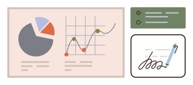 Pasta grafiği, çizgi grafiği, imzalı form veri analizini temsil eden metin blokları, imza süreçleri. Analiz, proje yönetimi, dijital sözleşmeler, karar-verme finansmanı raporlaması için ideal