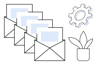 Eklenmiş belgeler, bir teçhizat ve bir saksı bitkisi içeren zarflar iletişimi, organizasyonu, otomasyonu, büyümeyi ve iş akışı optimizasyonunu sembolize eder. Takım çalışması ve verimlilik için ideal.