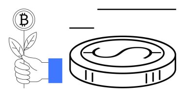 Bitcoin sembolü ile el ele tutuşan fabrika, finans ve yeniliği temsil eden büyük bir madeni para ile birlikte. Kripto para birimi, büyüme, dijital finans, teknoloji, yatırım, engelleme zinciri için ideal