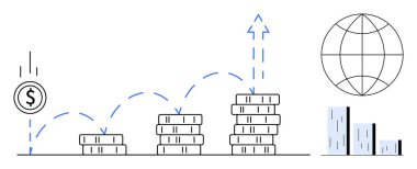 Artan madeni paralar, yukarı doğru ok, küre ve grafiklerle finansal büyümeyi gösteriyor. İş, yatırım, başarı, ekonomi, küresel ulaşım stratejisi için ideal basit düz metafor
