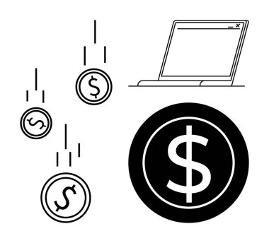 Tarayıcı pencereli dizüstü bilgisayar ve düşen bozuk paralar dijital parayı, ekommersi, ödemeyi görselleştiriyor. Çevrimiçi iş, finans, ekonomi, bankacılık, teknoloji, yatırım ve basit daire için ideal