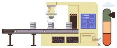 Otomatik taşıyıcı, kalite kontrolü için kutuları robotik kol altına taşır. Üretim, otomasyon, teknoloji, kalite kontrol, mühendislik, verimlilik ve fabrika iş akışı için ideal. Basit düz