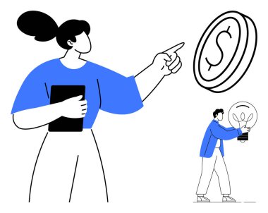 Bir kadın tablet tutan bir doları işaret ederken, bir erkek parlayan bir ampulle hareket ediyor. Finans, yenilik, takım çalışması, liderlik, iş büyümesi, sorun çözme, girişimcilik için ideal