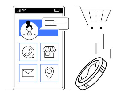 Kullanıcı profili, iletişim simgeleri, yer belirleyici, harita şifresi, sohbet fonksiyonu, alışveriş arabası ve sanal para içeren akıllı telefon ekranı. E- ticaret için ideal, dijital ödeme sosyal uygulamaları perakende