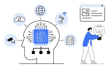 Yapay zeka başının yanında parlayan fikir ampulü, çip ve teknoloji elementlerinin simgeleri bulutları, robotları ve sunucuları parlaklaştırıyor. Yapay zeka, yenilik, teknoloji, bağlantı, yaratıcılık, otomasyon için ideal