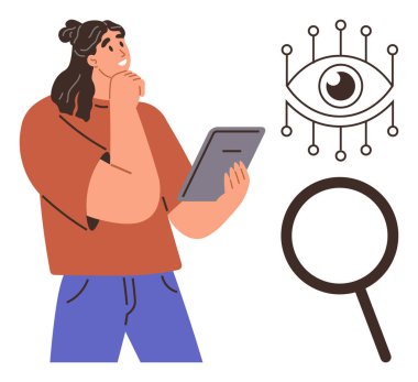 Tableti düşünceli bir şekilde tutan kadın devre elementli göz ve büyüteç. Analiz, araştırma, teknoloji, vizyon, yenilik problem çözme kararı için idealdir. Basit düz