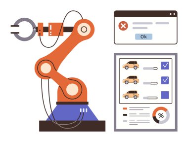 Robot kol montajı arabalar, performans analizli gösterge paneli, hata bildirimi. Otomasyon, yapay zeka, imalat, robot bilimi, teknoloji, üretim endüstrisi kavramları için ideal