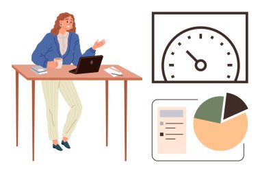 Dizüstü bilgisayarda çalışan, hız göstergesi ve pasta grafiği de dahil olmak üzere görsel performans ölçüleriyle çevrili bir kadın. İş için ideal, veri analizi, üretkenlik, performans, istatistik izleme