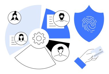 Üzerinde kullanıcı profilleri, parmak izi kalkanı ve el tutma kartı olan vites merkezli çizelge. Siber güvenlik, kimlik doğrulama, takım çalışması, veri erişimi, mahremiyet, kimlik doğrulama dijital sistemleri için ideal