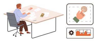 Çalışan masadaki evrakları analiz ediyor, dokunmatik ekran etkileşimi ve veri grafikleri ile tamamlanıyor. İş stratejisi, üretkenlik, teknoloji, analitik, organizasyon, odak, basit