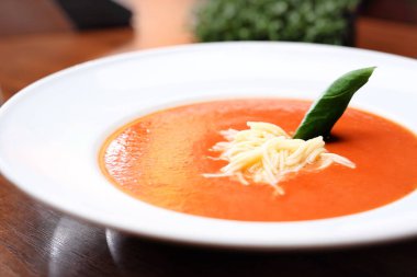 Erişteli, peynirli, yeşil yapraklı mükemmel kremalı domates çorbası. Dışarıda yemek, ilk yemek, seçici odaklanma, yakın çekim. Restoranda akşam yemeği. Geleneksel çorba.