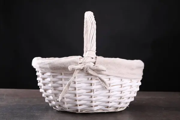 White Wicker Basket Natural Fabric Lining Black Background Empty Picnic — Stock Photo, Image