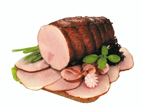 Varkenshaasje Doorsneden Gesneden Gerookte Varkenslende Poolse Vlees Vleeswaren Geïsoleerd Een Stockfoto