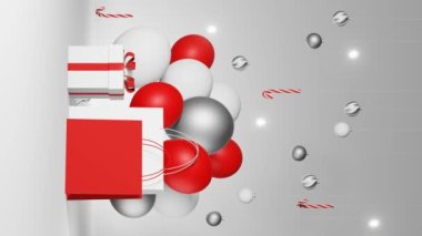 Noel indirimi dikey 3d animasyon boş alışveriş torbası markası kırmızı balon şeker kamışı top hediye kutusu şablonu. Kış indirimi tanıtım reklamı En iyi fiyat yeni yıl özel indirimi