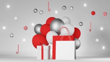 Noel indirimi 3d animasyon boş alışveriş çantası markalı kırmızı beyaz balon şeker kamışı top hediye kutusu şablonu. Mağazanın kış indirimli reklam pankartı En iyi fiyat Yeni Yıl Özel Satın Alma Paketi