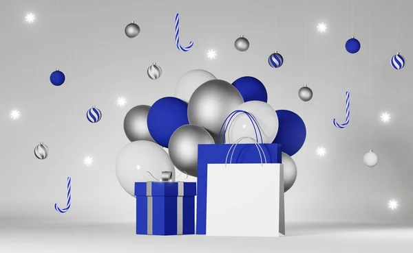 stock image Christmas sale 3d rendering Blank shopping bag branding mockup blue silver snowflake balloons candy cane balls gift box. Shop winter discount promo banner Best price New Year Special offer purchase 4K