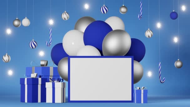 Weihnachtsgrußkarte Attrappe Animation Leere Bilderrahmen Vorlage Blau Silber Geschenk Box — Stockvideo