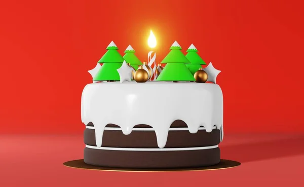 Świąteczne Ciasto Świecą Renderowania Czerwone Tło Świąteczna Reklama Sylwestrowa Kartka — Zdjęcie stockowe