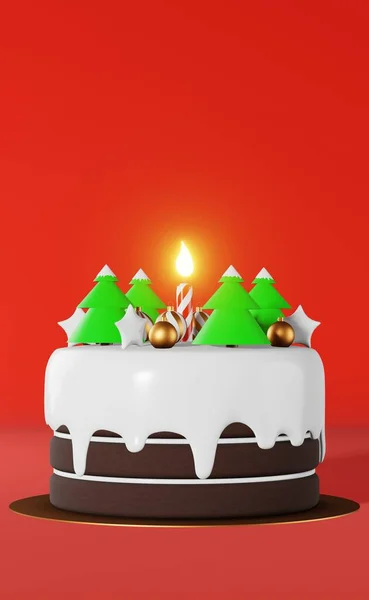 Рождественский Торт Свечой Рендеринга Красный Фон Новогодняя Открытка Новогодней Рекламой — стоковое фото