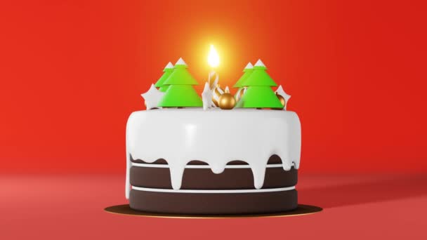 圣诞蛋糕与蜡烛3D动画红色背景 圣诞晚会广告新年贺卡 节庆冬季宣传横幅 甜奶油甜点配饰星球冷杉雪 — 图库视频影像