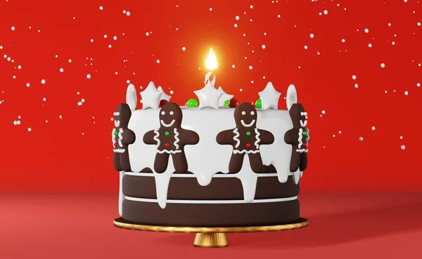 Boże Narodzenie Ciasto Piernik Człowiek Świeca Śnieg Renderowania Czerwone Tło — Zdjęcie stockowe