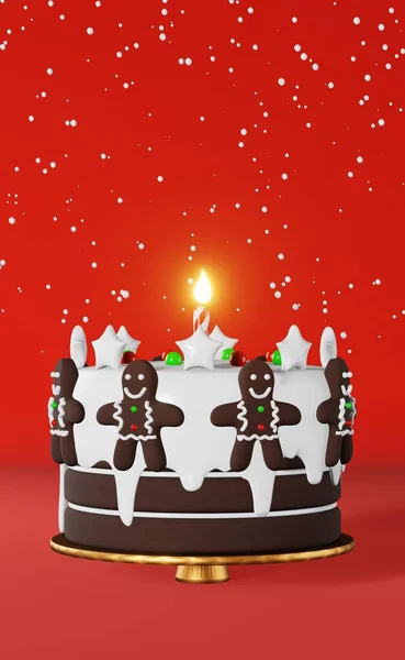 Boże Narodzenie Ciasto Piernik Człowiek Świeca Śnieg Renderowania Czerwone Tło — Zdjęcie stockowe
