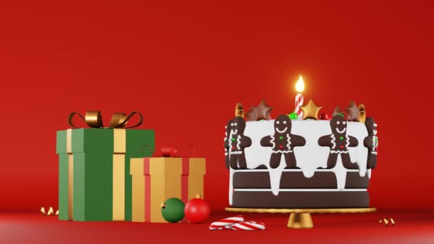 Різдвяний Торт Імбирний Чоловічок Подарував Коробку Свічкою Глазур Анімація Червоного — стокове відео