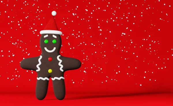Biscoito Natal Gingerbread Man Santa Hat Renderização Fundo Vermelho Anúncio — Fotografia de Stock
