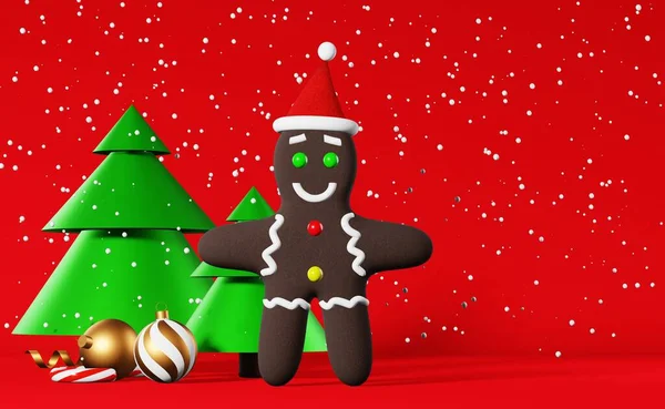 Biscoito Natal Gingerbread Man Santa Hat Renderização Fundo Vermelho Anúncio — Fotografia de Stock