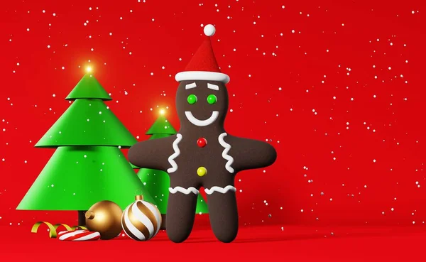Vánoční Cukroví Perník Muž Santa Klobouk Vykreslování Červené Pozadí Inzerát — Stock fotografie