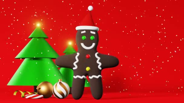 圣诞饼干姜饼人圣诞帽3D动画红色背景降雪 圣诞节派对广告 新年贺卡 喜庆的寒假横幅甜糕点糖果手杖装饰品 — 图库视频影像