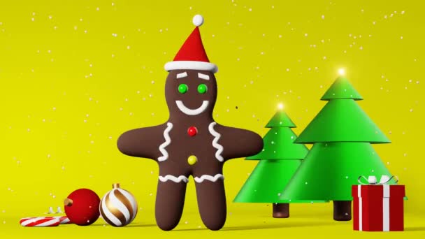 クリスマスクッキージンジャーブレッドマンサンタハット3Dアニメーション黄色の背景は雪が降っています クリスマスパーティーの広告新年の挨拶カードお祭りの冬の休日のバナー甘いペストリーキャンディーの杖の装飾 — ストック動画