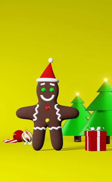 Weihnachtsgebäck Lebkuchen Mann Weihnachtsmann Hut Rendering Gelbem Hintergrund Werbung Für — Stockfoto