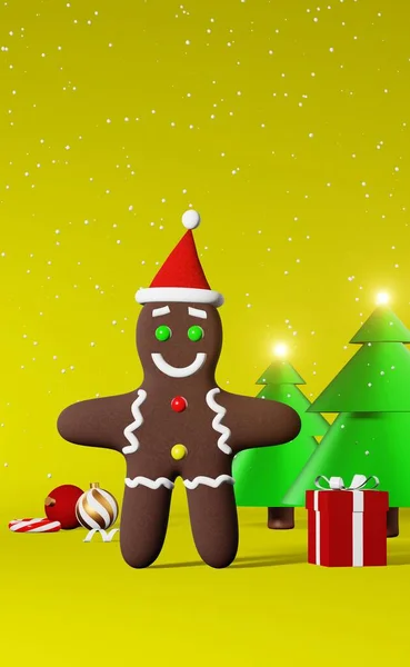 Biscoito Natal Gingerbread Man Santa Hat Renderização Fundo Amarelo Anúncio — Fotografia de Stock