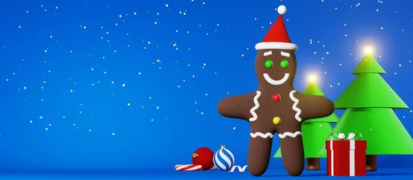 Biscoito Natal Gingerbread Man Santa Hat Snow Website Banner Rendering — Fotografia de Stock